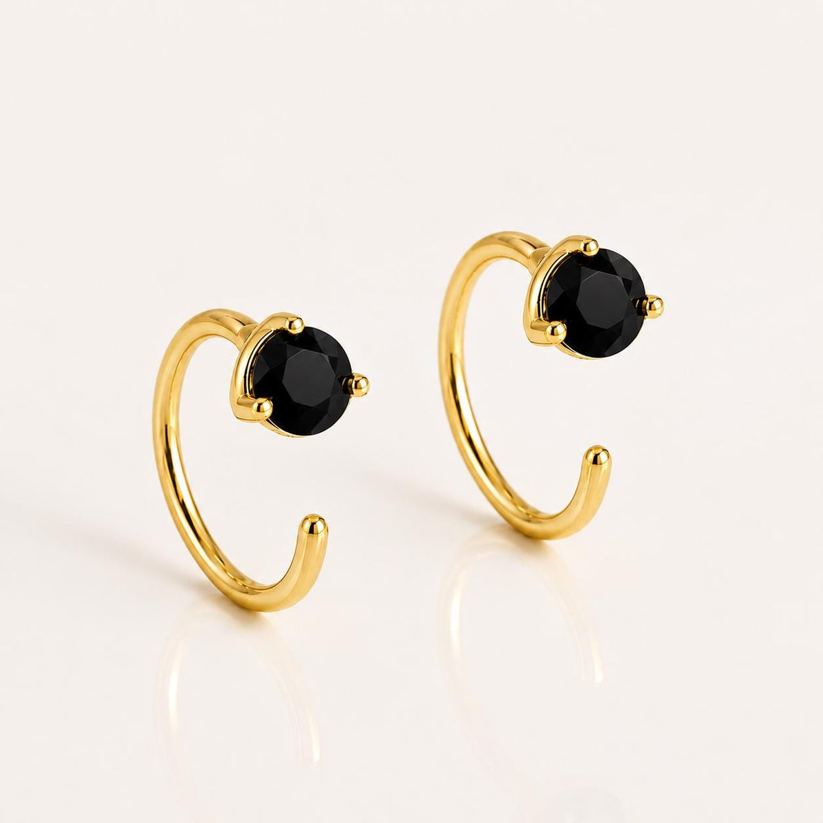 925 Sterling Silver Black Onyx Hoop Earrings, Minimalist Round Cut Jewelry