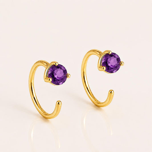 925 Sterling Silver Amethyst Hoop Earrings, Minimalist Round Cut Gemstone Jewelry