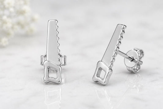 Sterling Silver Saw Stud Earrings, Minimalist Carpenter Jewelry, Industrial Tool Design