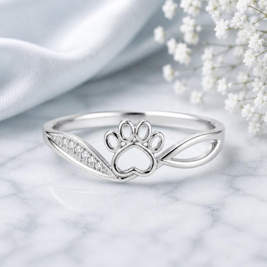 925 Sterling Silver Paw Print Ring with CZ Accents, Pet Memorial Jewelry
