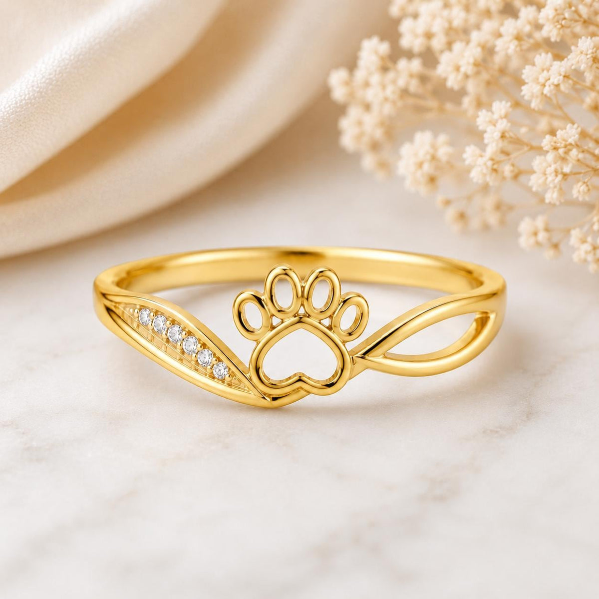 925 Sterling Silver Paw Print Ring with CZ Accents, Pet Memorial Jewelry