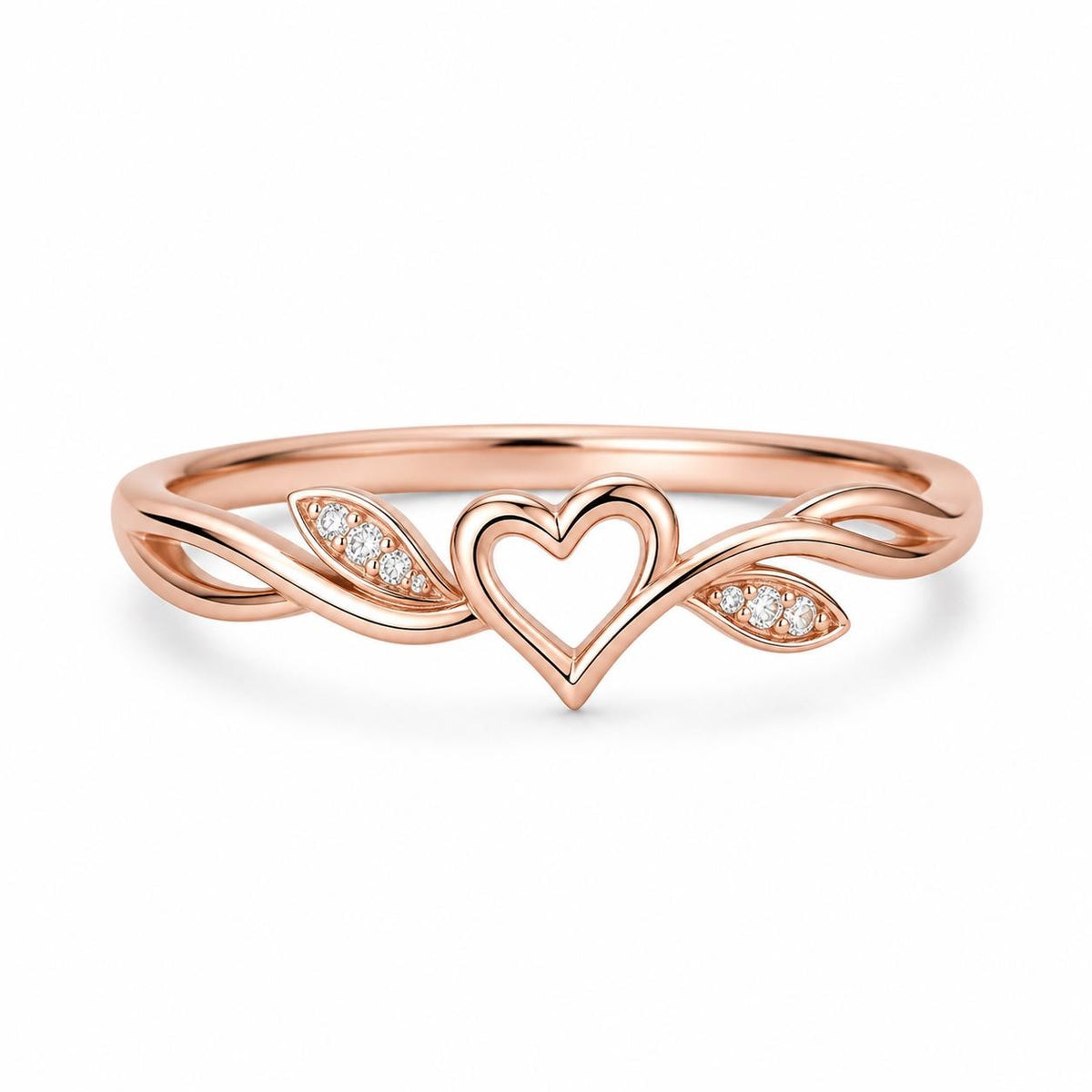 925 Sterling Silver Open Heart Ring with CZ Leaf Accents, Minimalist Promise Band