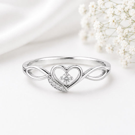 Sterling Silver Heart Ring, Infinity Band, Cubic Zirconia, Dainty Promise Ring