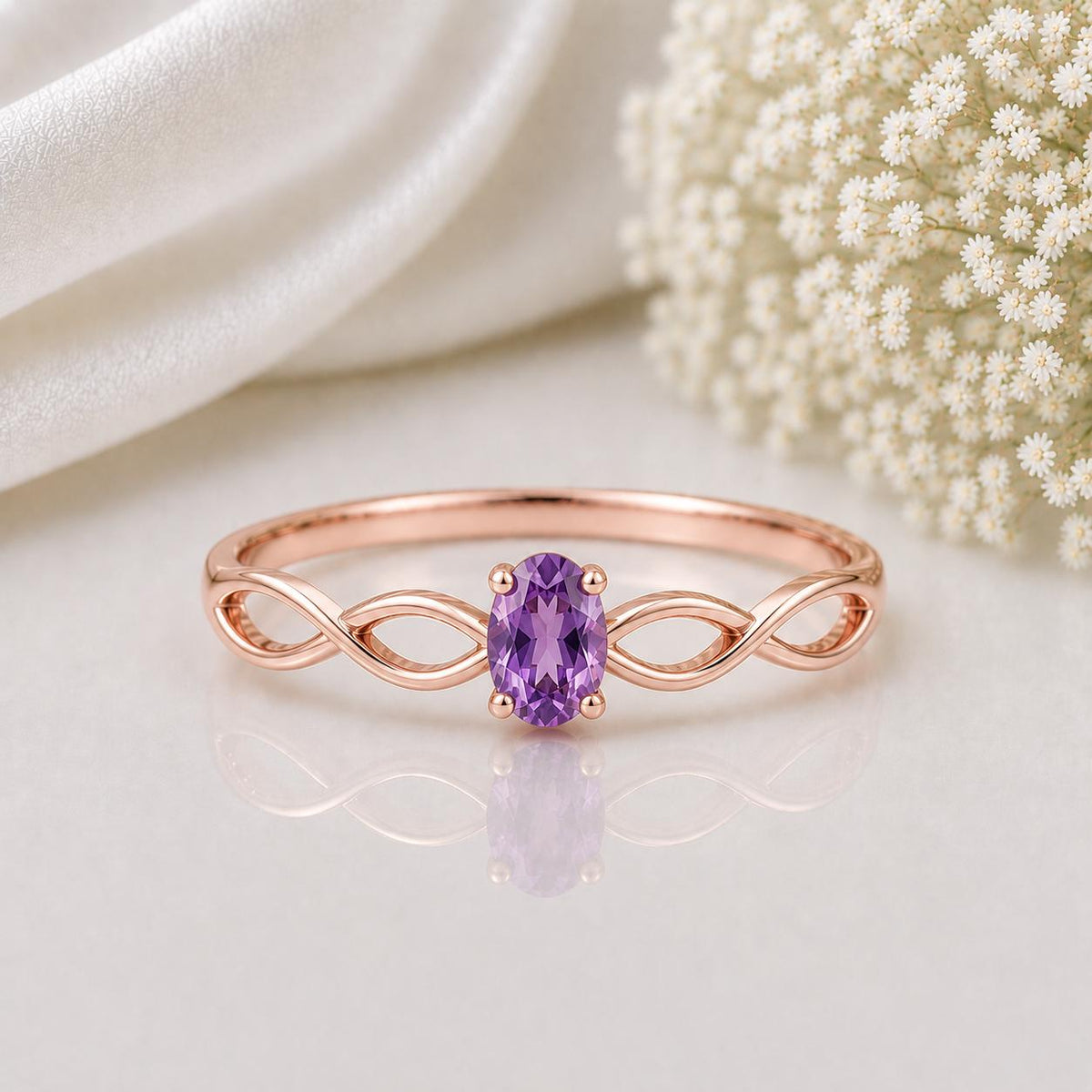 925 Sterling Silver Oval Amethyst Infinity Ring, February Birthstone, Dainty Purple Gemstone