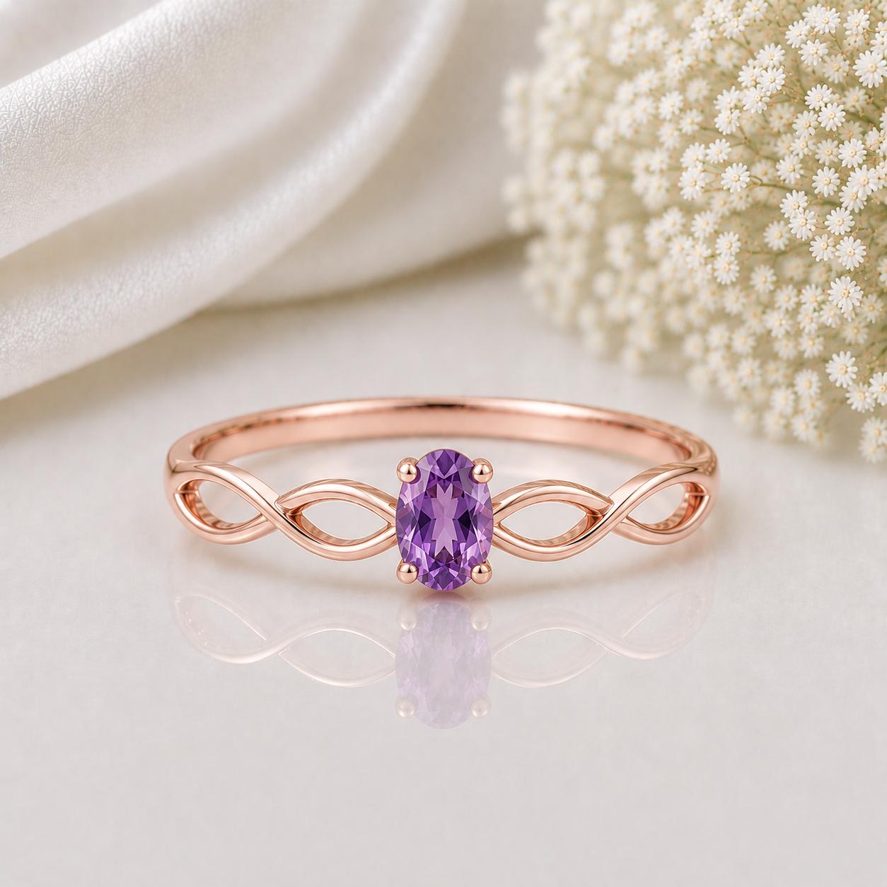 925 Sterling Silver Oval Amethyst Infinity Ring, February Birthstone, Dainty Purple Gemstone