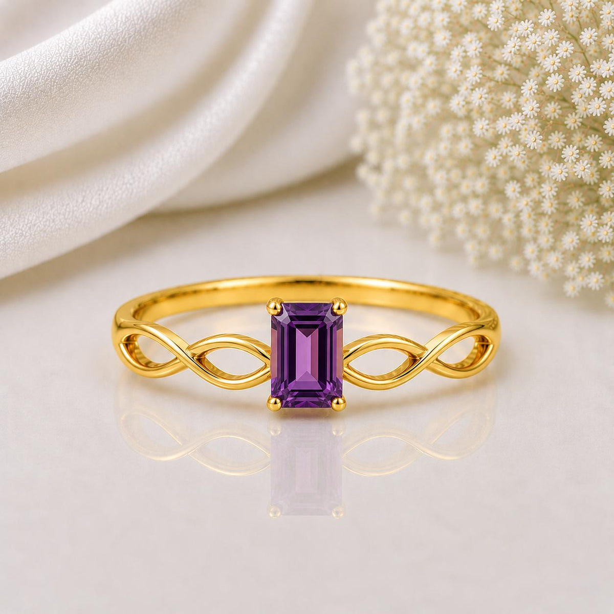 Sterling Silver Emerald Cut Amethyst Infinity Ring, February Birthstone Jewelry