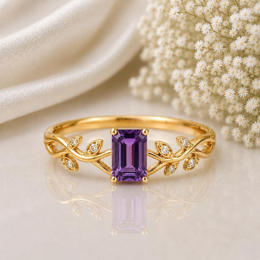 Sterling Silver Amethyst Vine Ring, Emerald Cut Nature Leaf Engagement Band