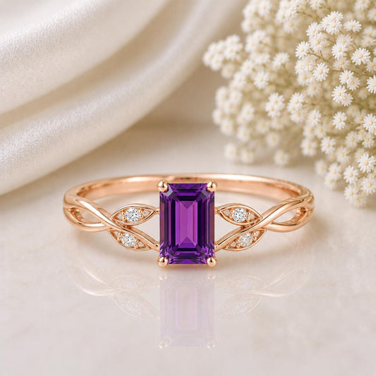 Sterling Silver Emerald Cut Amethyst Ring, Vine Leaf Nature Inspired February Birthstone