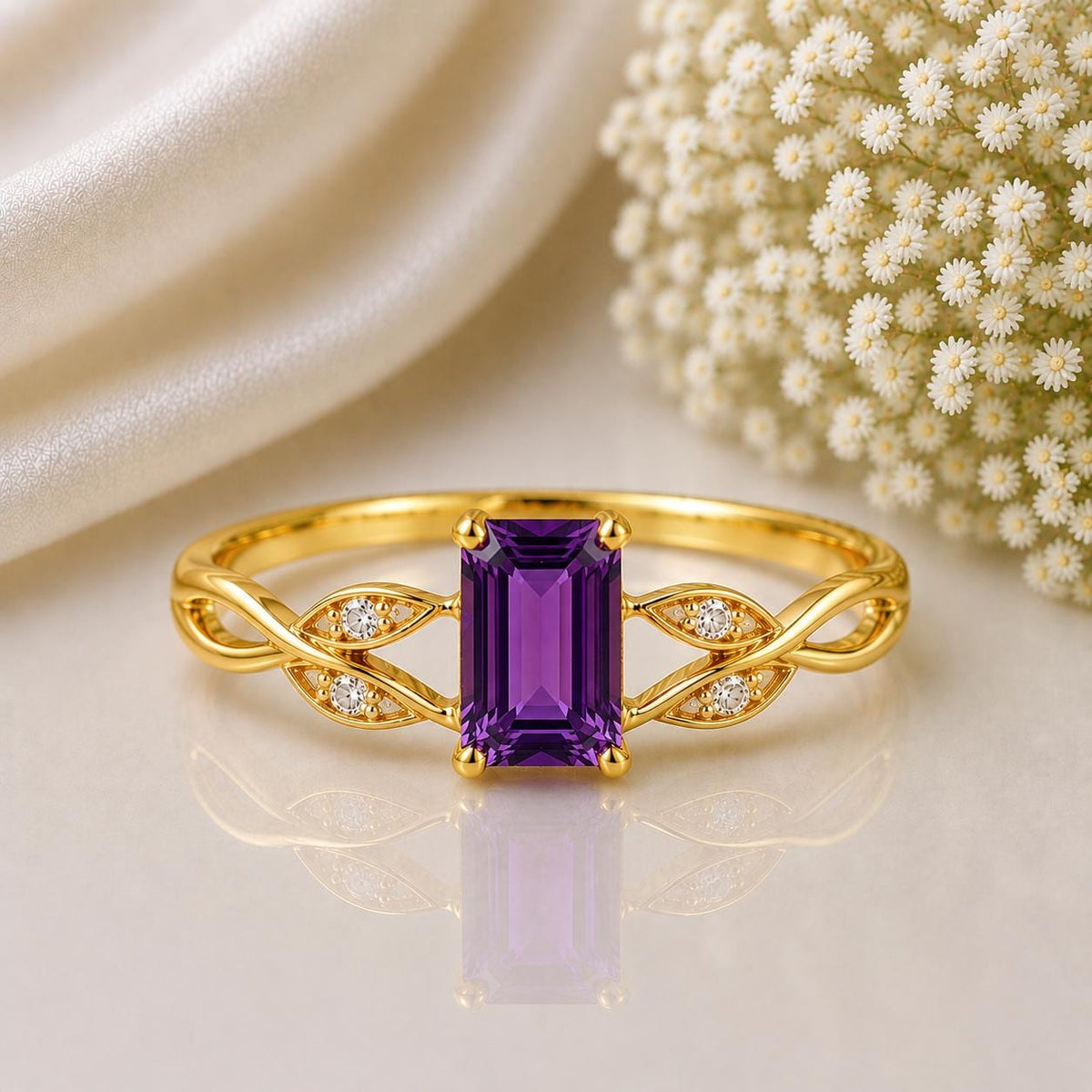 Sterling Silver Emerald Cut Amethyst Ring, Vine Leaf Nature Inspired February Birthstone