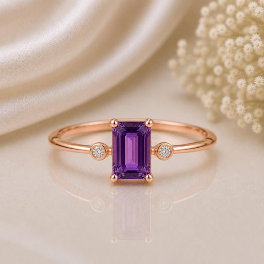925 Sterling Silver Emerald Cut Amethyst Ring, Minimalist Purple Gemstone Promise