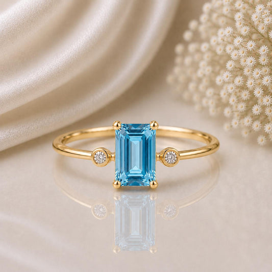 Emerald Cut Blue Topaz Ring, Sterling Silver, Moissanite Accents, Minimalist Promise Ring