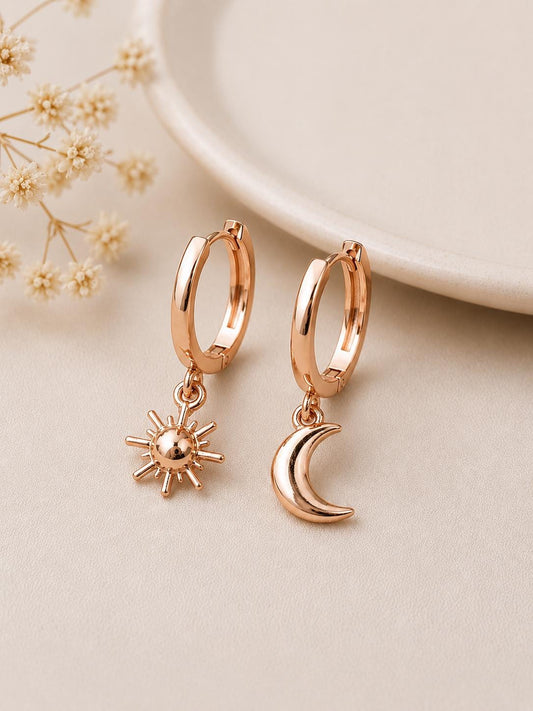 Sterling Silver Sun Moon Mismatched Hoop Earrings, Celestial Charm Dangle Hoops