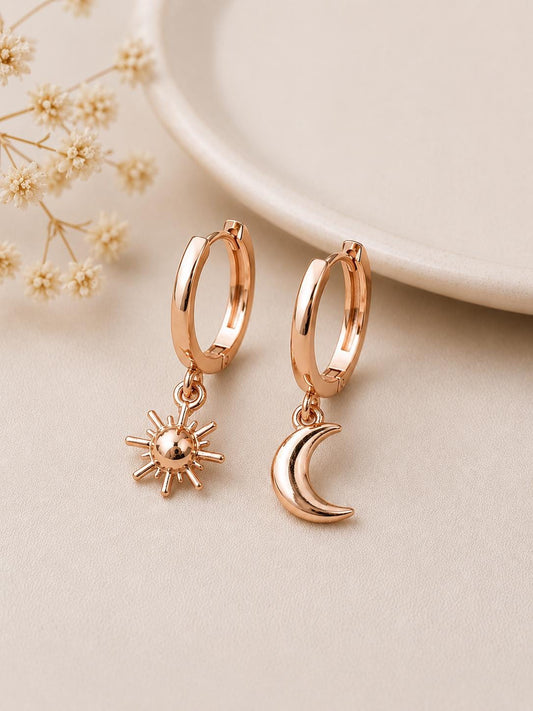 Sterling Silver Sun Moon Mismatched Hoop Earrings, Celestial Charm Dangle Hoops