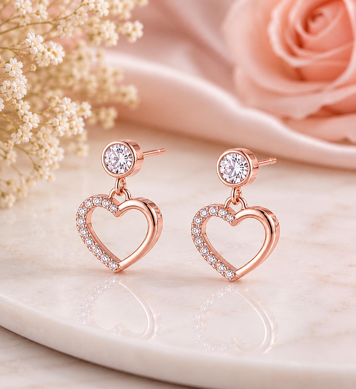 Sterling Silver CZ Heart Drop Earrings, Dainty Dangle Studs, Romantic Minimalist Jewelry