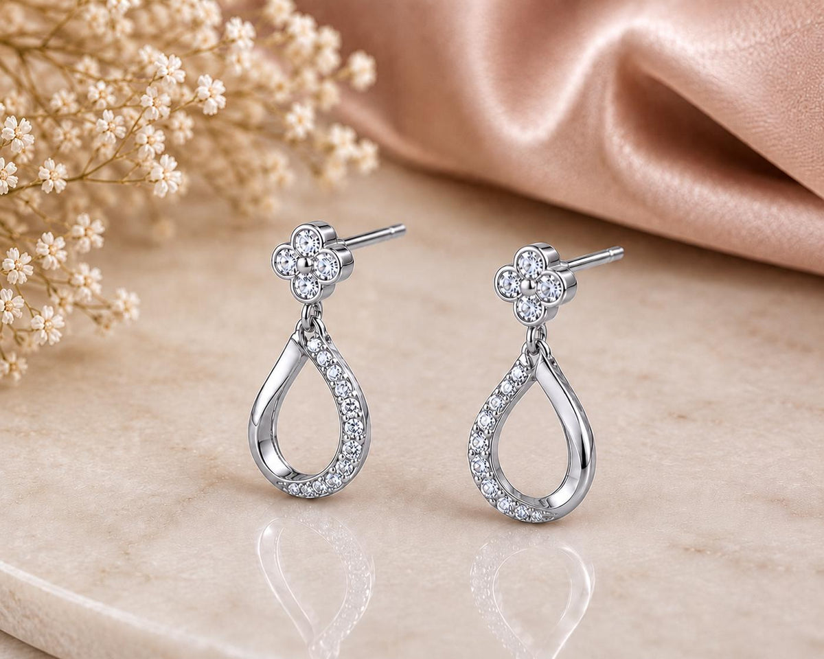 Sterling Silver CZ Teardrop Dangle Earrings, Floral Studs, Dainty Sparkle, Elegant Feminine Jewelry