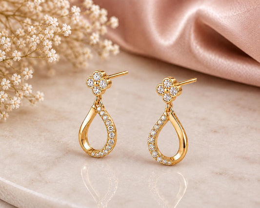 Sterling Silver CZ Teardrop Dangle Earrings, Floral Studs, Dainty Sparkle, Elegant Feminine Jewelry