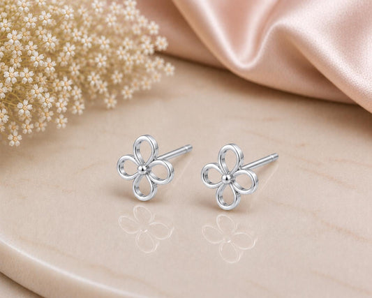 925 Sterling Silver Open Flower Stud Earrings, Minimalist Floral Everyday Jewelry