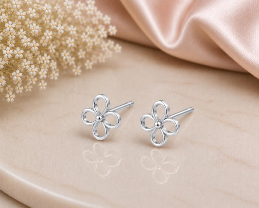 925 Sterling Silver Open Flower Stud Earrings, Minimalist Floral Everyday Jewelry