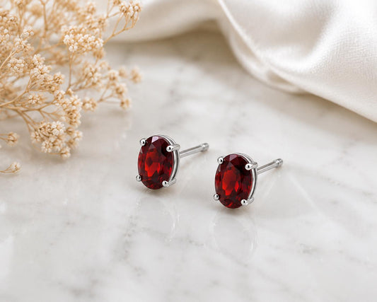 925 Sterling Silver Oval Garnet Stud Earrings, Dainty Red Gemstone Birthstone Gift