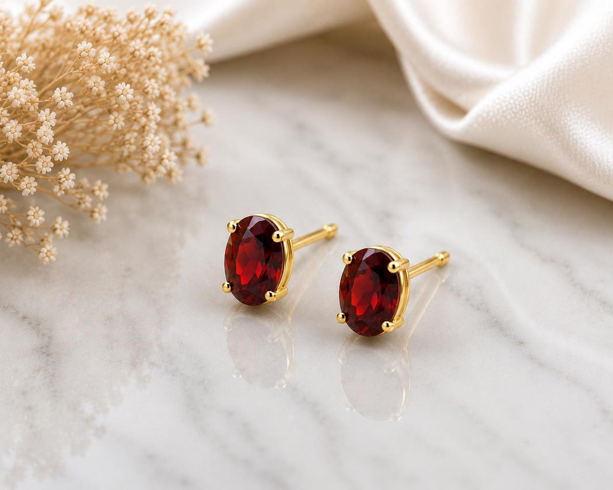 925 Sterling Silver Oval Garnet Stud Earrings, Dainty Red Gemstone Birthstone Gift