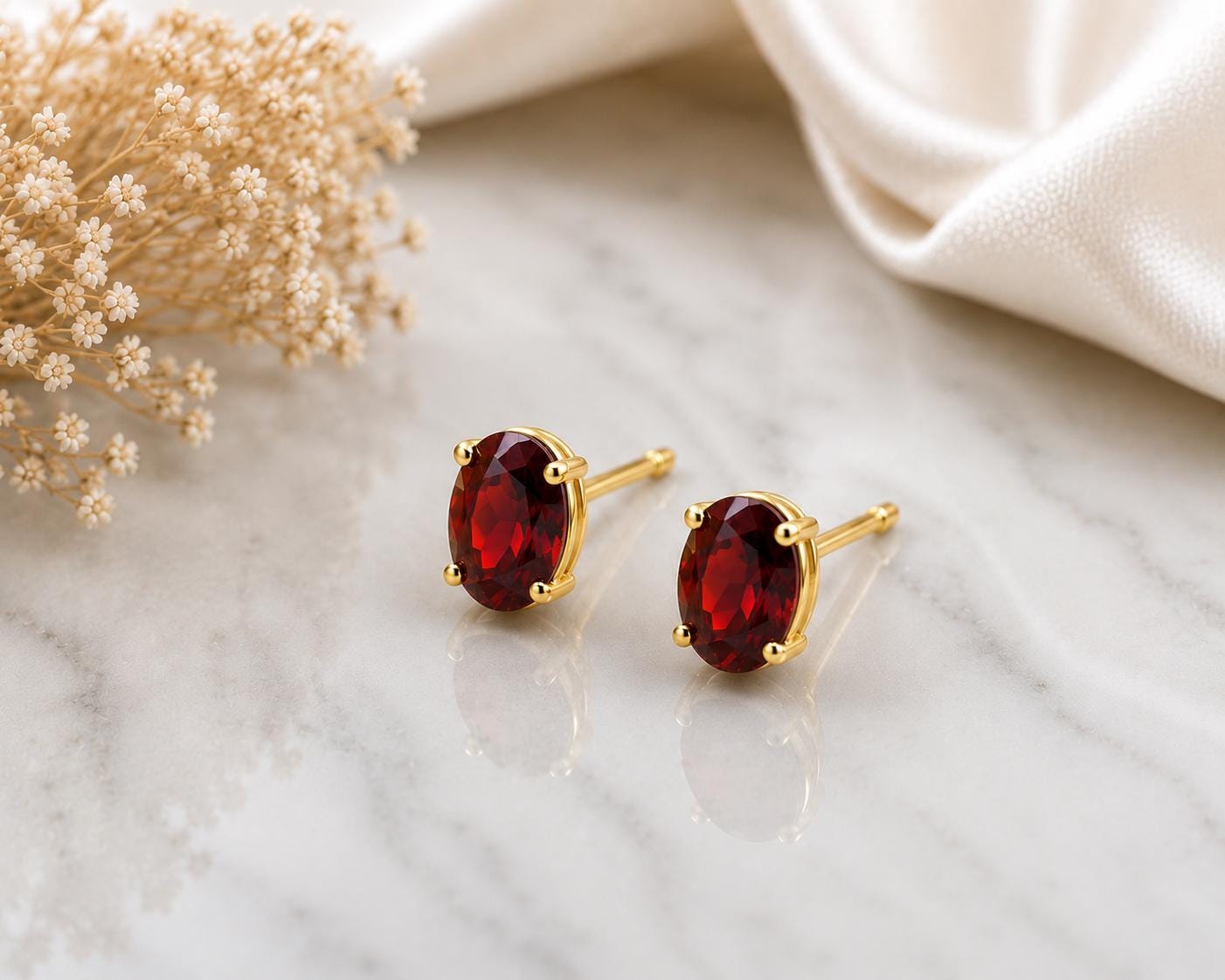 925 Sterling Silver Oval Garnet Stud Earrings, Dainty Red Gemstone Birthstone Gift