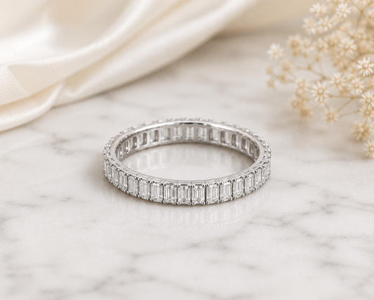 Sterling Silver Emerald Cut CZ Full Eternity Band Ring, Minimalist Bridal Anniversary Ring