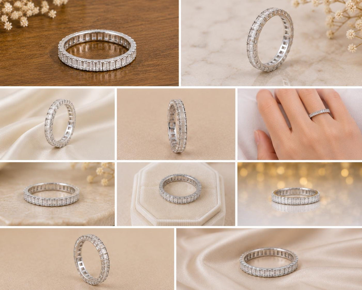 Sterling Silver Emerald Cut CZ Full Eternity Band Ring, Minimalist Bridal Anniversary Ring