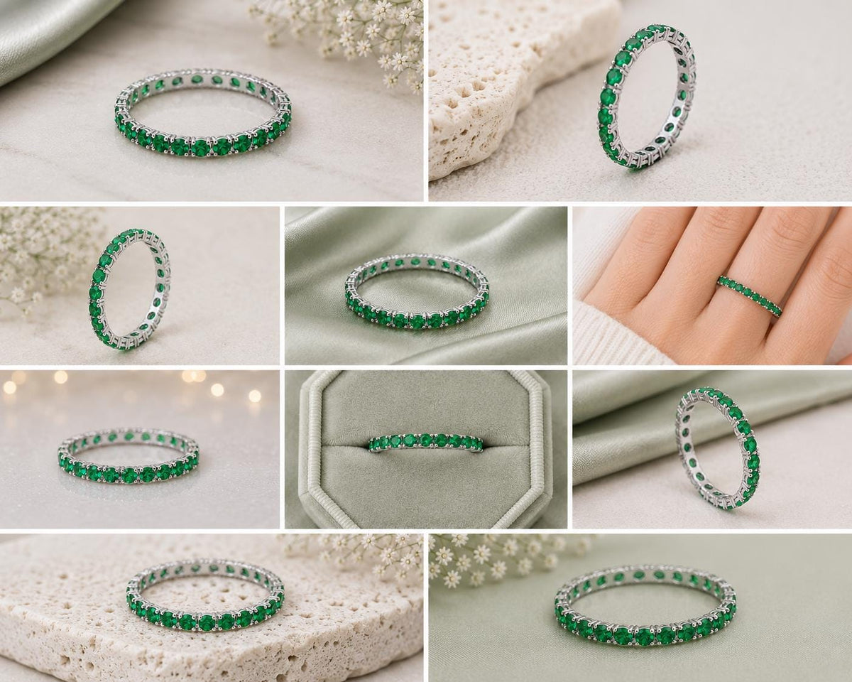925 Sterling Silver Emerald Green CZ Full Eternity Ring, Stackable Wedding Band Gift