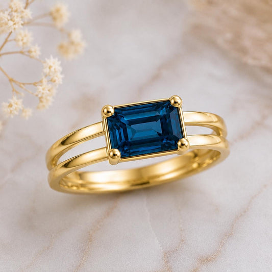 Sterling Silver London Blue Topaz Ring: Emerald Cut Gemstone