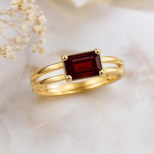 Sterling Silver Emerald Cut Garnet Ring, Minimalist Red Gemstone, January Birthstone Gift