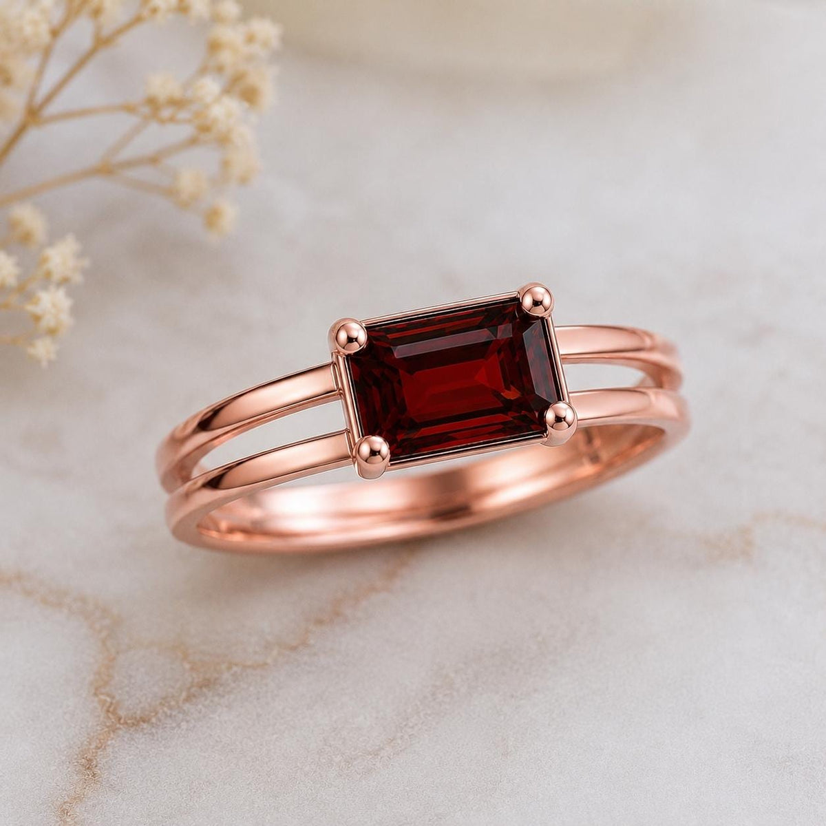 Sterling Silver Emerald Cut Garnet Ring, Minimalist Red Gemstone, January Birthstone Gift