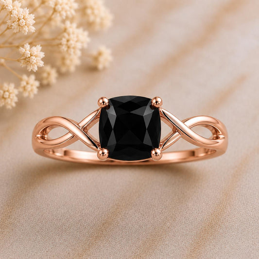 Sterling Silver Cushion Cut Black Onyx Infinity Ring, Minimalist Statement Jewelry
