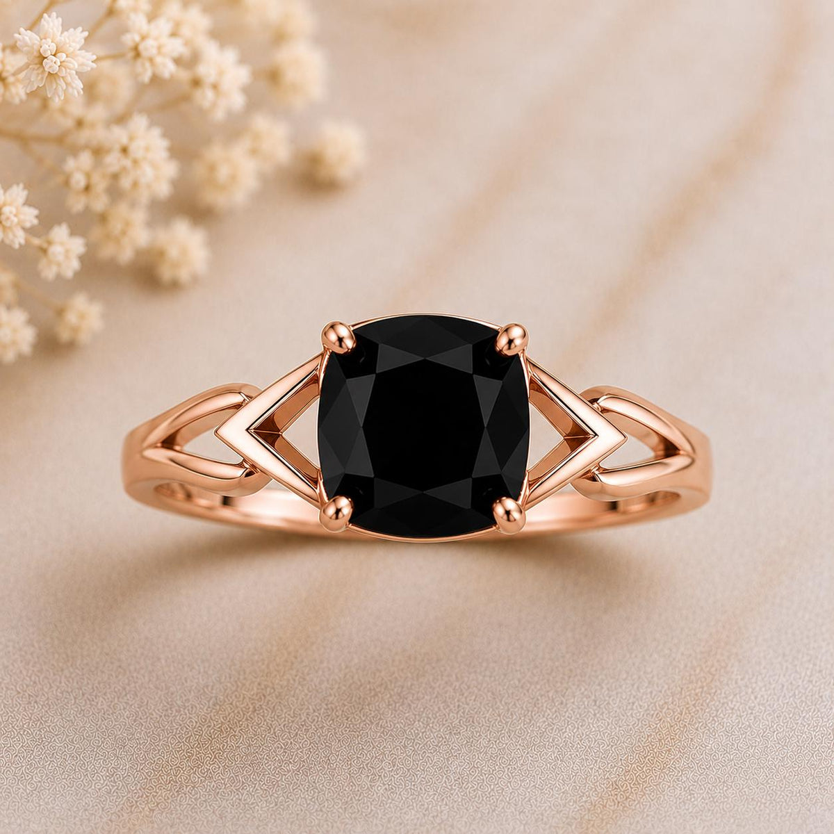 925 Sterling Silver Cushion Cut Black Onyx Geometric Ring, Minimalist Statement Gift