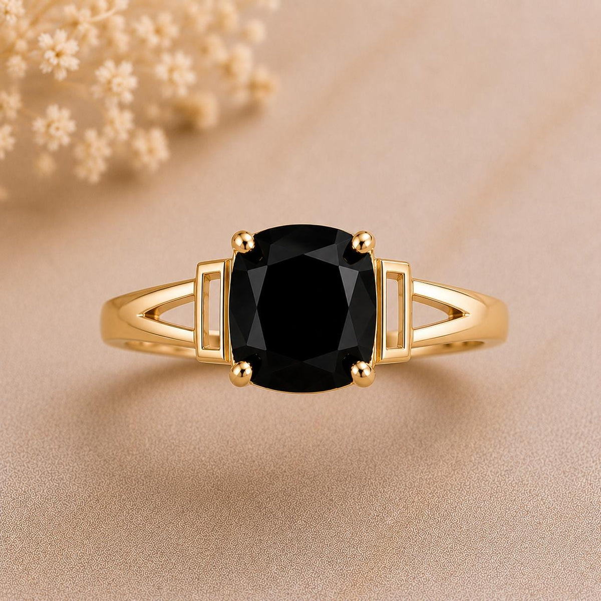 Sterling Silver Cushion Cut Black Onyx Ring, Geometric Split Shank Statement Ring