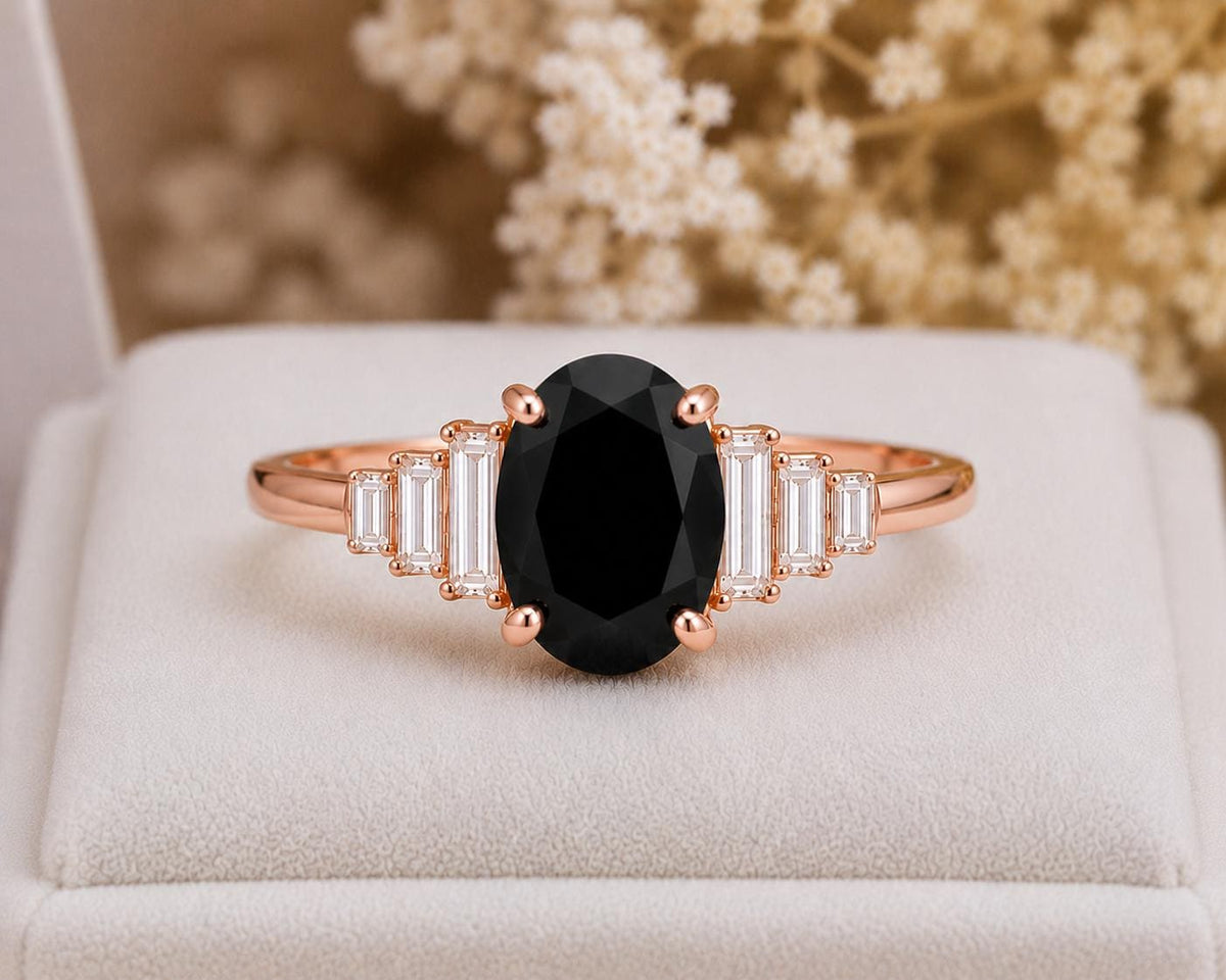 925 Sterling Silver Oval Black Onyx Ring, Art Deco Baguette CZ Statement Ring