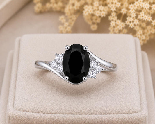 925 Sterling Silver Oval Black Onyx Ring, Vintage CZ Cluster Promise Ring