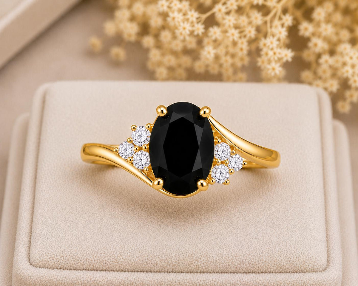 925 Sterling Silver Oval Black Onyx Ring, Vintage CZ Cluster Promise Ring
