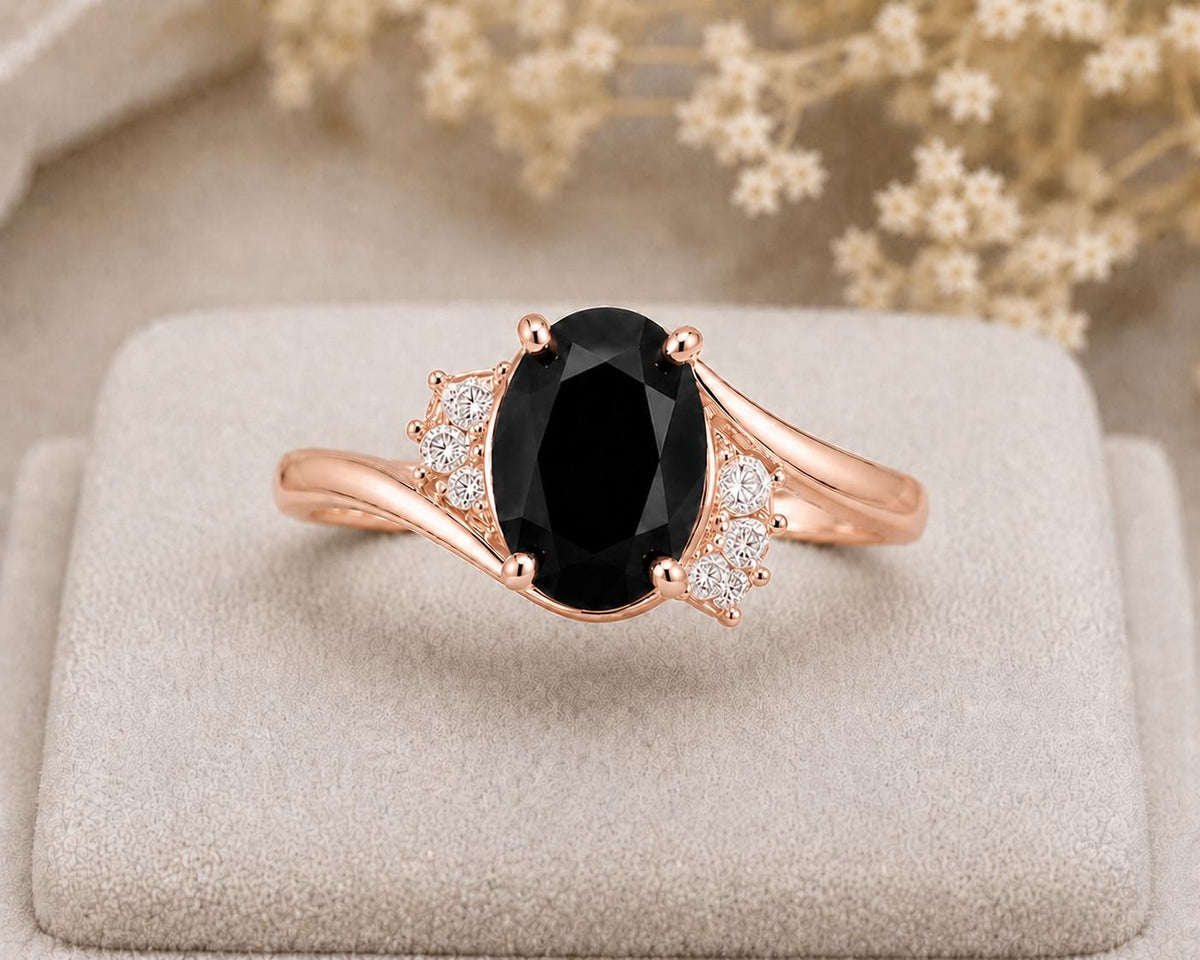 925 Sterling Silver Oval Black Onyx Ring, Vintage Bypass CZ Promise Ring