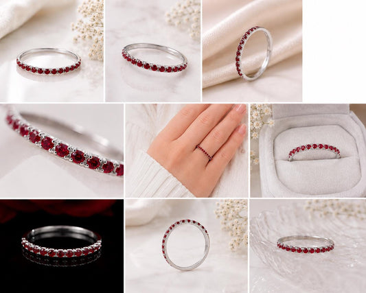 Sterling Silver Ruby CZ Eternity Band Ring, Minimalist Stackable Wedding Anniversary Promise Ring