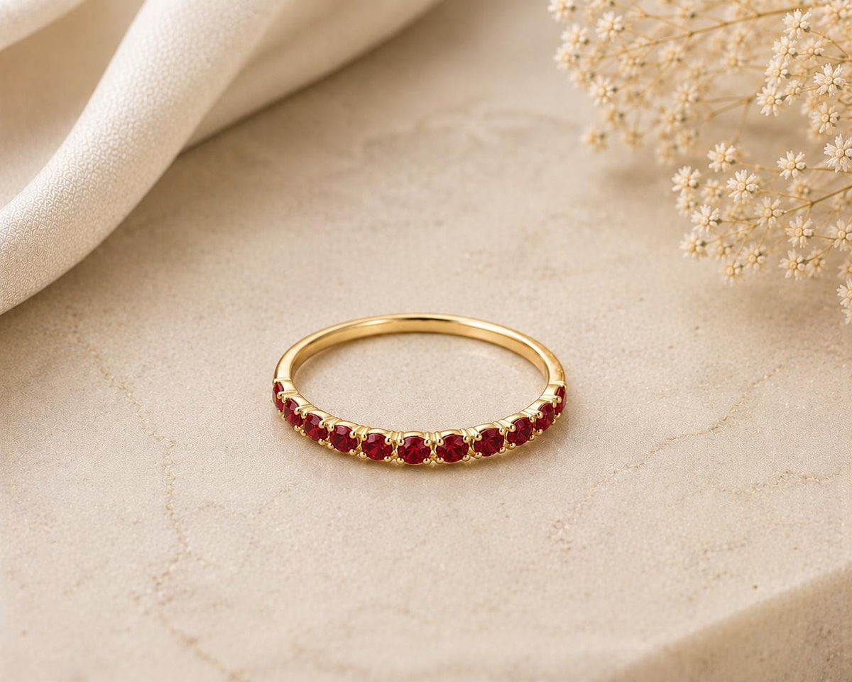 Sterling Silver Ruby CZ Eternity Band Ring, Minimalist Stackable Wedding Anniversary Promise Ring
