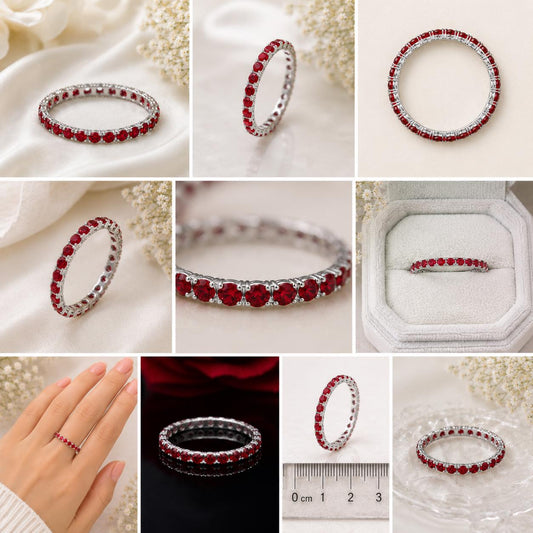 Sterling Silver Ruby Red CZ Eternity Band, Stackable Wedding Anniversary Ring