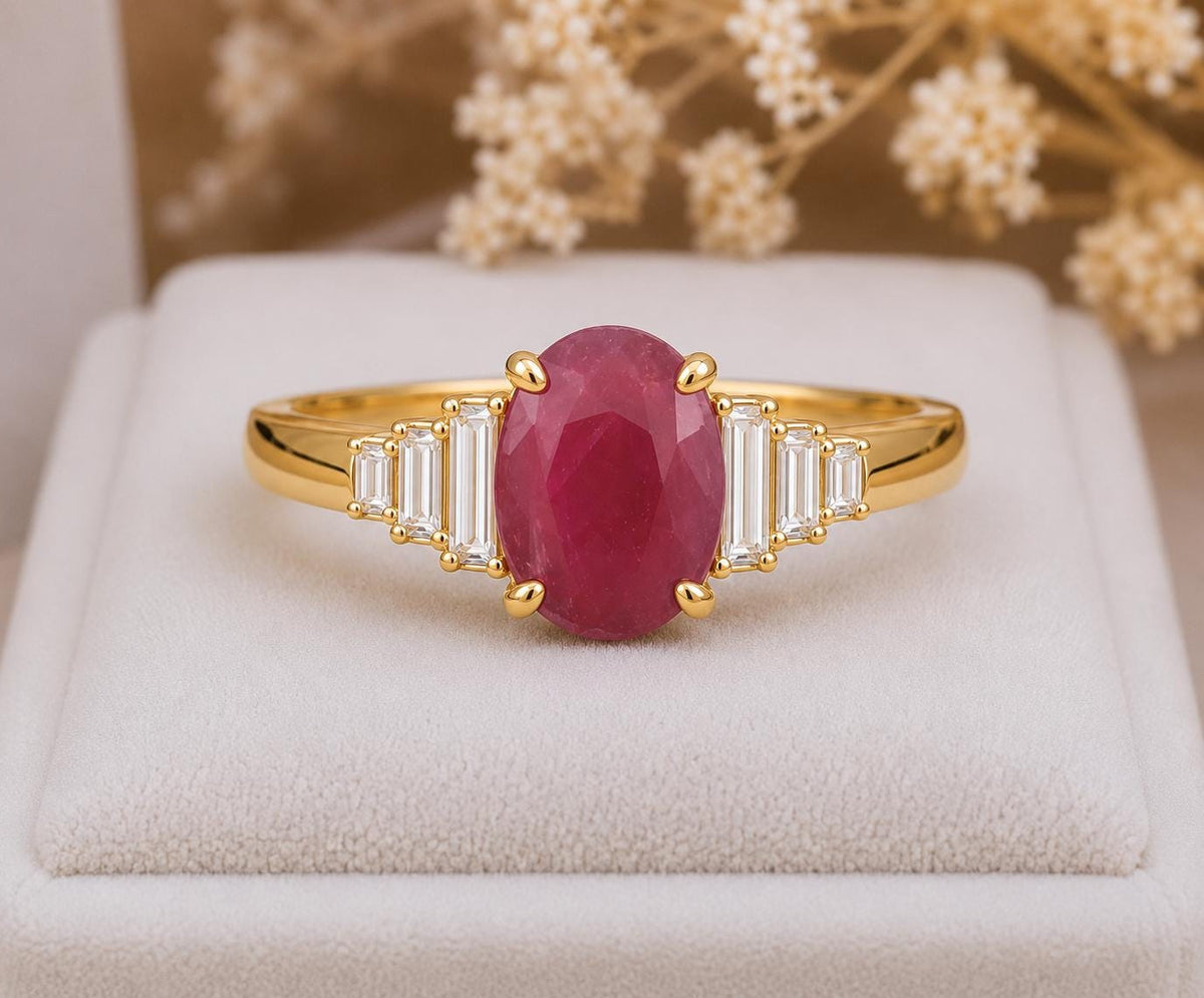 Oval Indian Ruby Engagement Ring, 925 Sterling Silver, Baguette CZ Accents