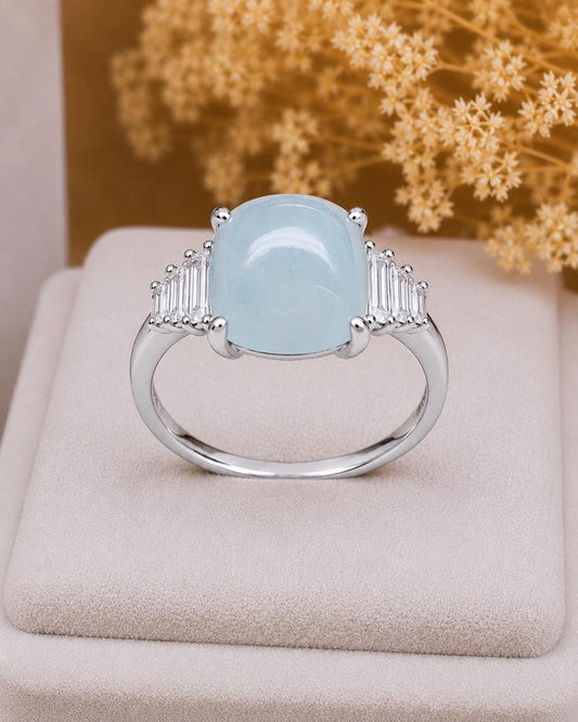 Cushion Aquamarine Ring, Sterling Silver, Baguette CZ Accents, March Birthstone Engagement Ring