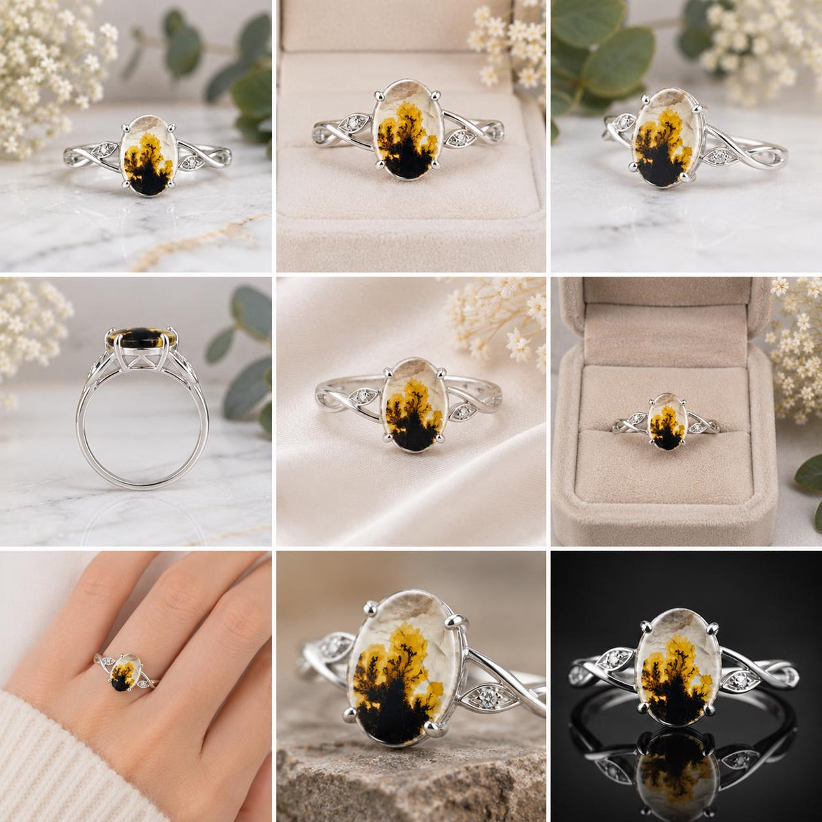 Shazar Dendrite Agate Ring, Oval Sterling Silver Nature Inspired Leaf Vine Jewelry
