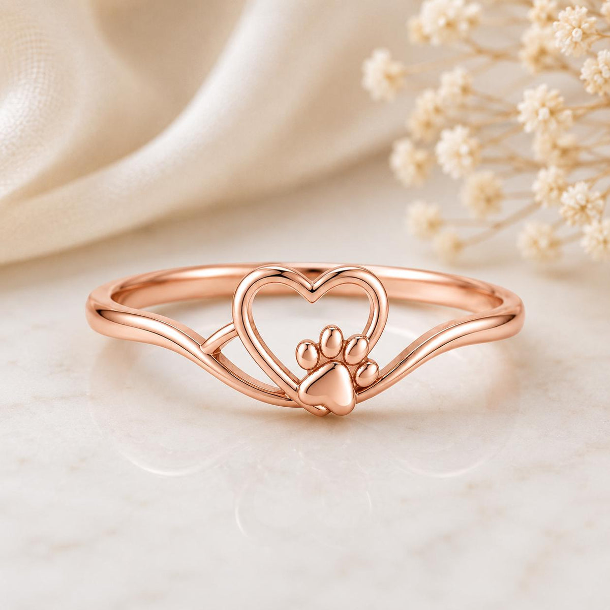 Sterling Silver Paw Heart Ring, Minimalist Pet Memorial Jewelry
