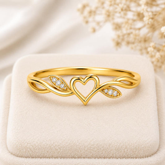 925 Sterling Silver Open Heart Ring with CZ Leaf Accents, Minimalist Promise Band