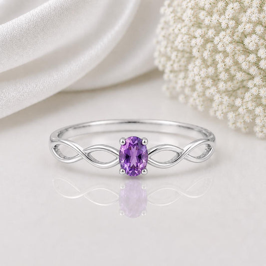 925 Sterling Silver Oval Amethyst Infinity Ring, February Birthstone, Dainty Purple Gemstone