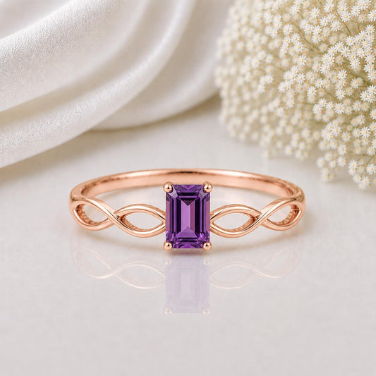 Sterling Silver Emerald Cut Amethyst Infinity Ring, February Birthstone Jewelry