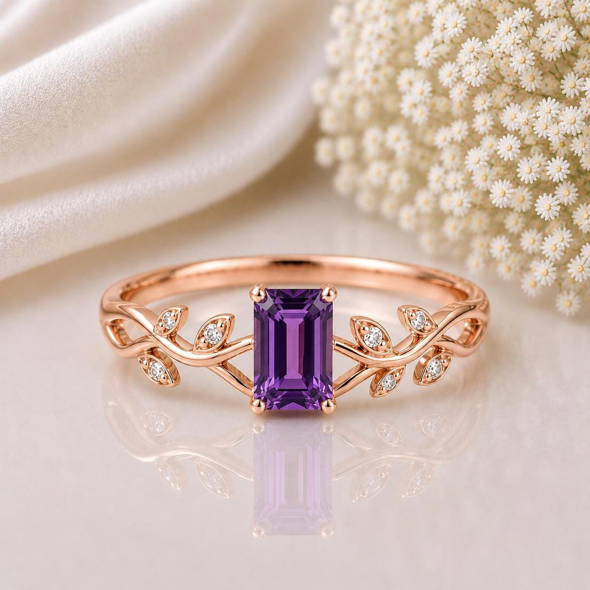 Sterling Silver Amethyst Vine Ring, Emerald Cut Nature Leaf Engagement Band