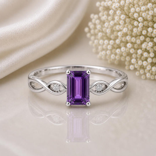Sterling Silver Emerald Cut Amethyst Infinity Ring, February Birthstone, Purple Gemstone